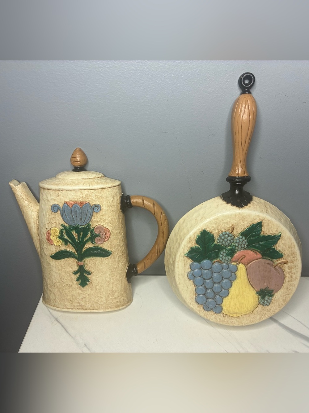 Home Interiors Faux Carved Kitchen Wall Plaques Coffee Pot & Fruit Pan Set